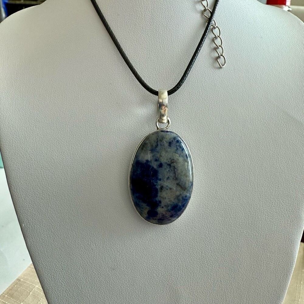 Sodalite Blue Marbled Gemstone Large Oval Pendant Adjustable Necklace